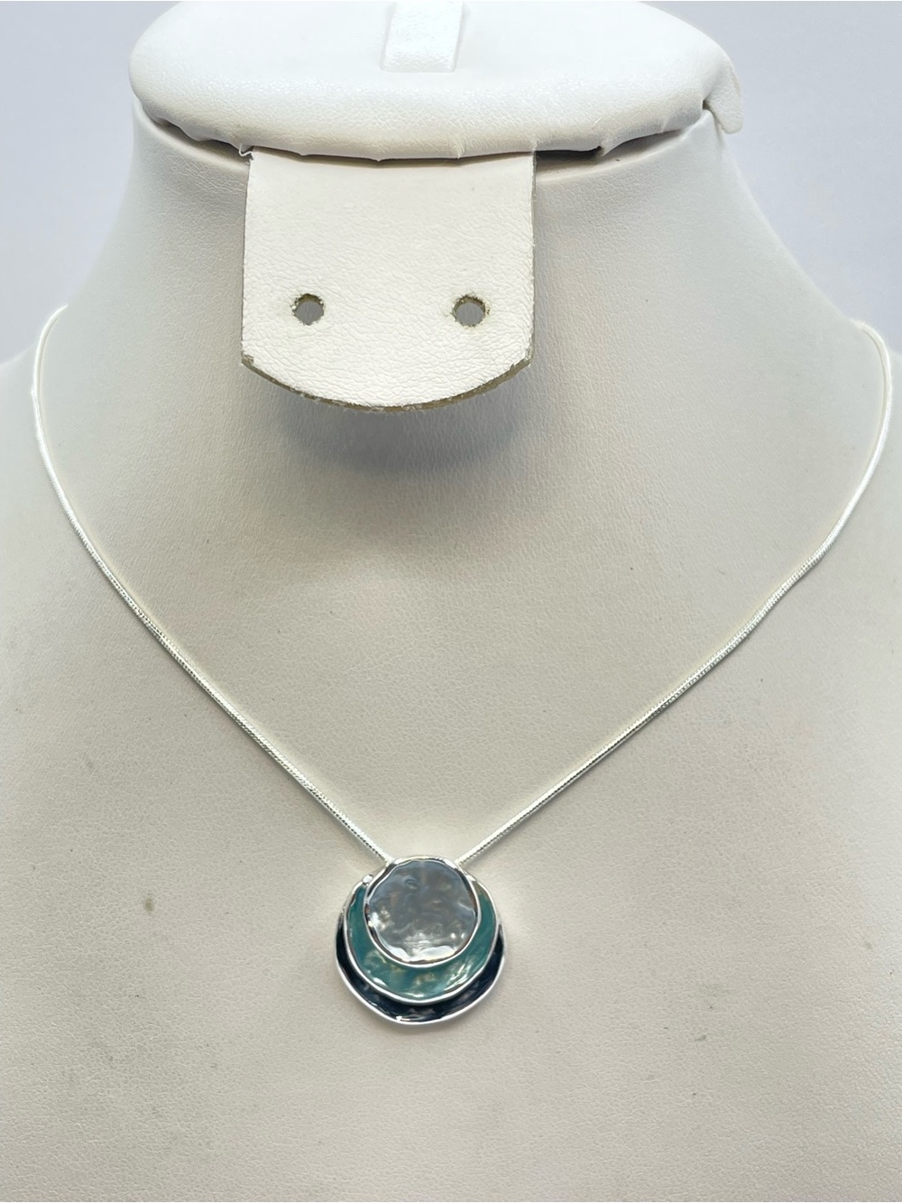 Silver Blue Enamel Layered Pendant Necklace Modern Statement Beachy